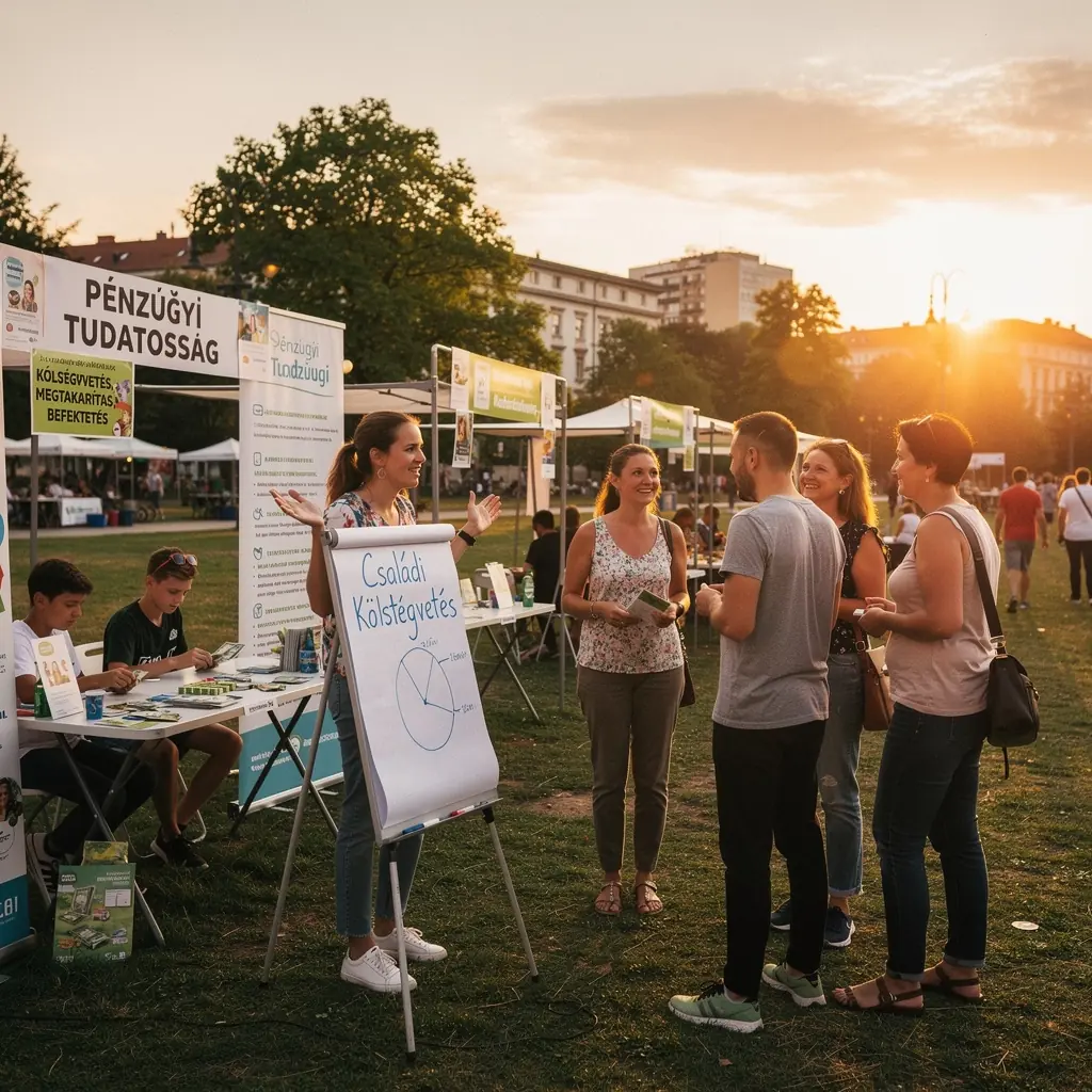 Csoportos pénzügyi workshop képe, ahol résztvevők beszélgetnek tapasztalataikról.